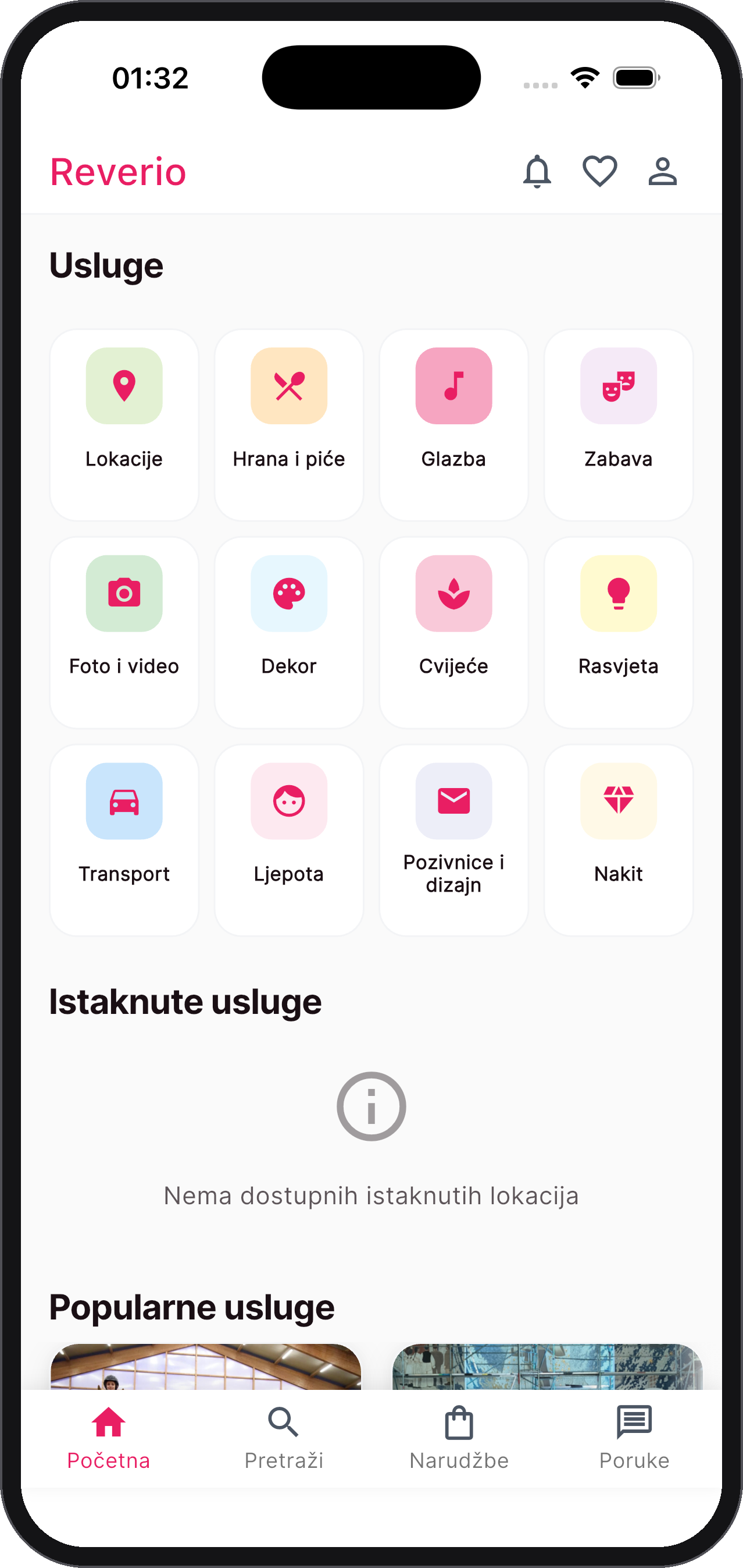 Reverio aplikacija - glavna stranica